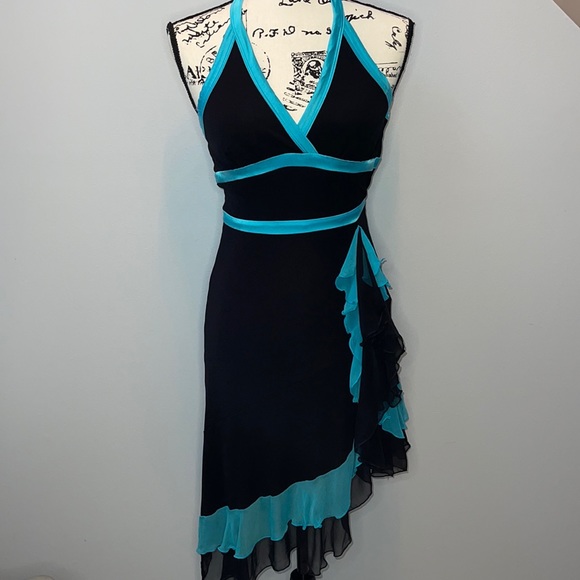 Bebe black & turquoise ruffled halter dress - Picture 1 of 13